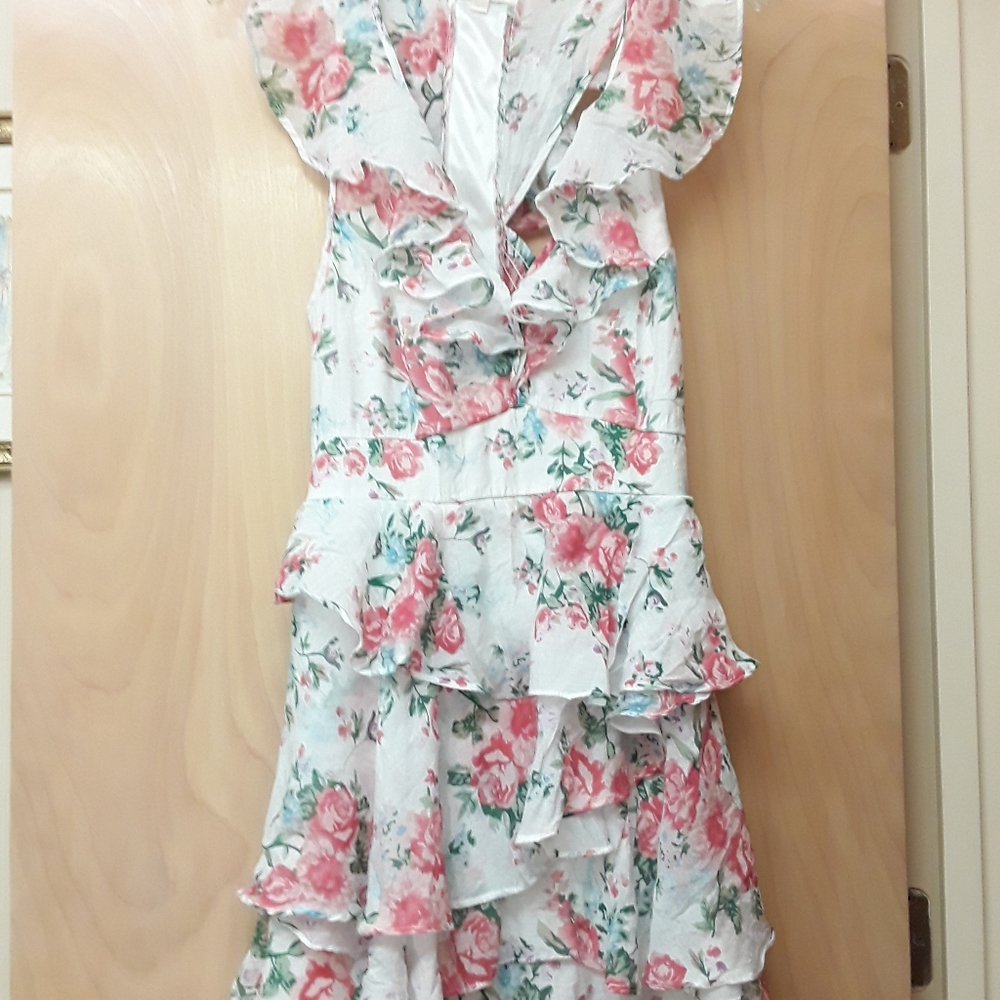 Floral Boho Asymetrical Ruffle Dress L